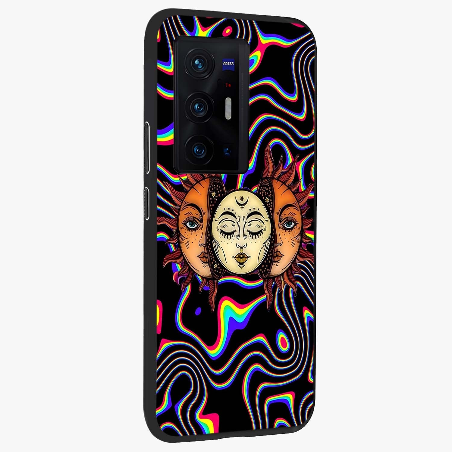 Psychedelic Sun Glass Case upright view showcasing trippy sun artwork with bold psychedelic theme.