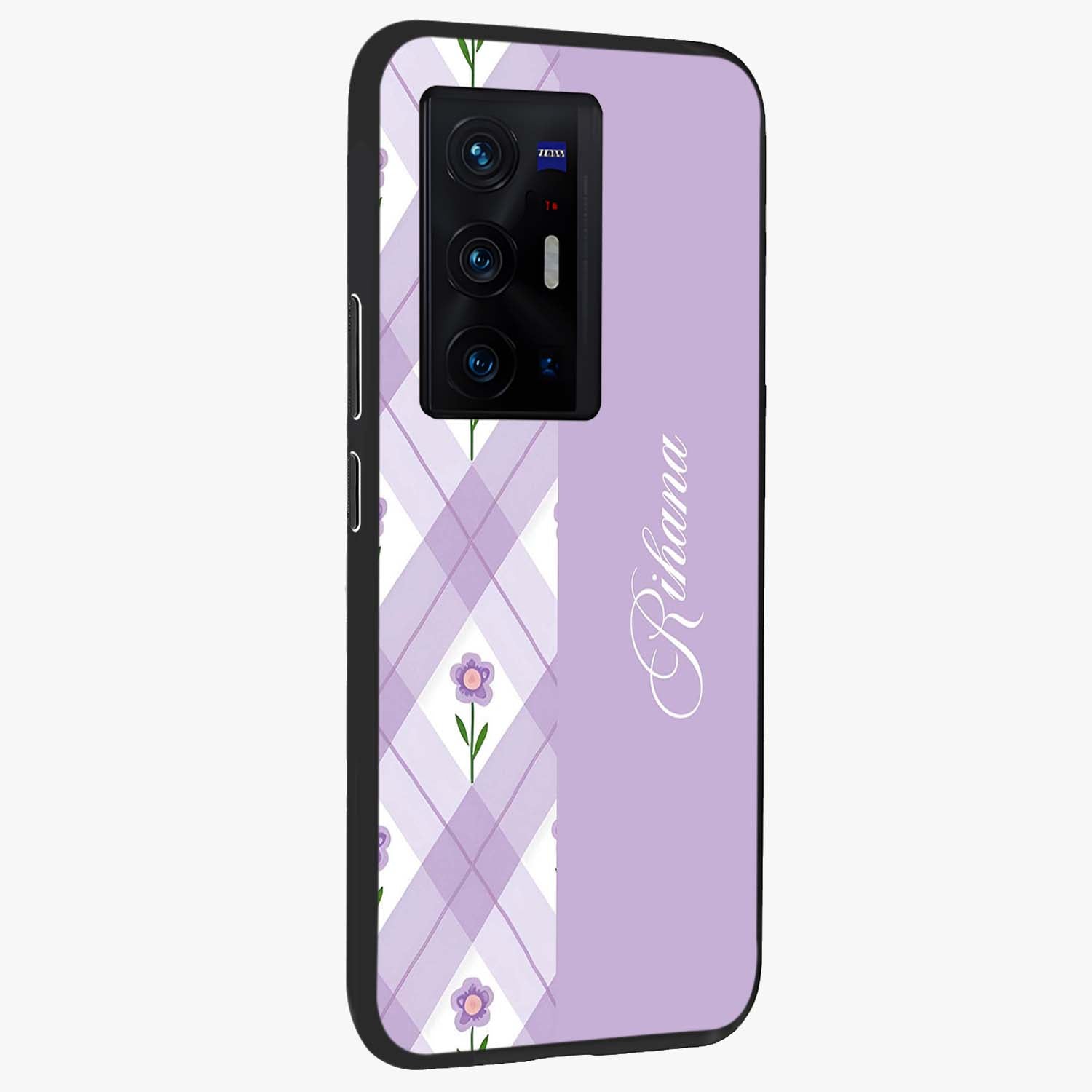 Purple Diamond Floral Glass Case upright view showcasing vibrant floral artwork with stylish geometric theme.