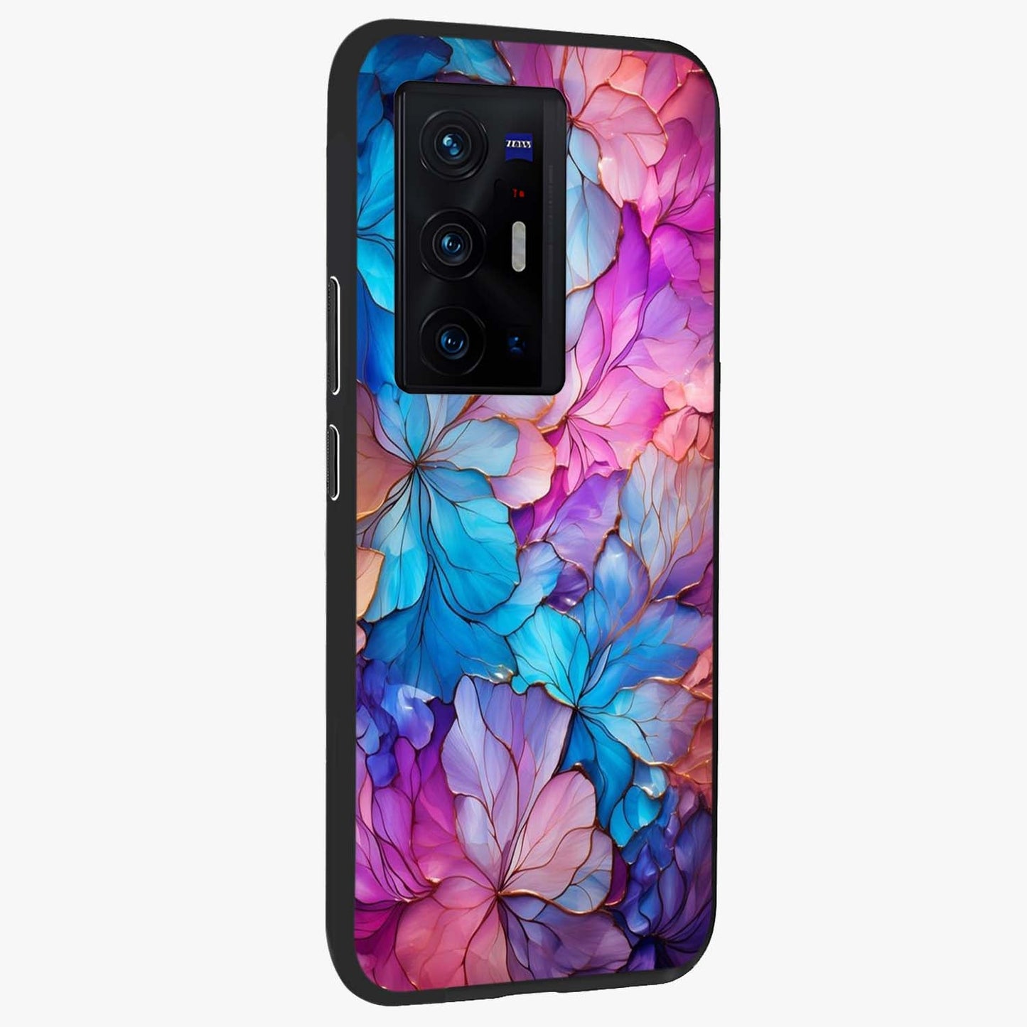 Radiant Floral Whirl Glass Case upright view showcasing lively floral artwork with decorative swirl theme.