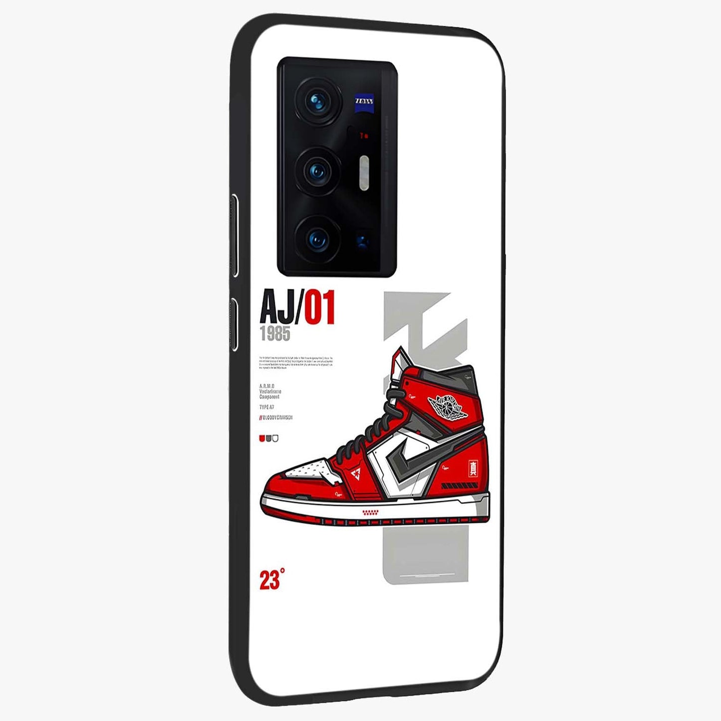 Retro Sneaker Blueprint Glass Case upright view showcasing stylish sneaker illustration with vintage streetwear theme.