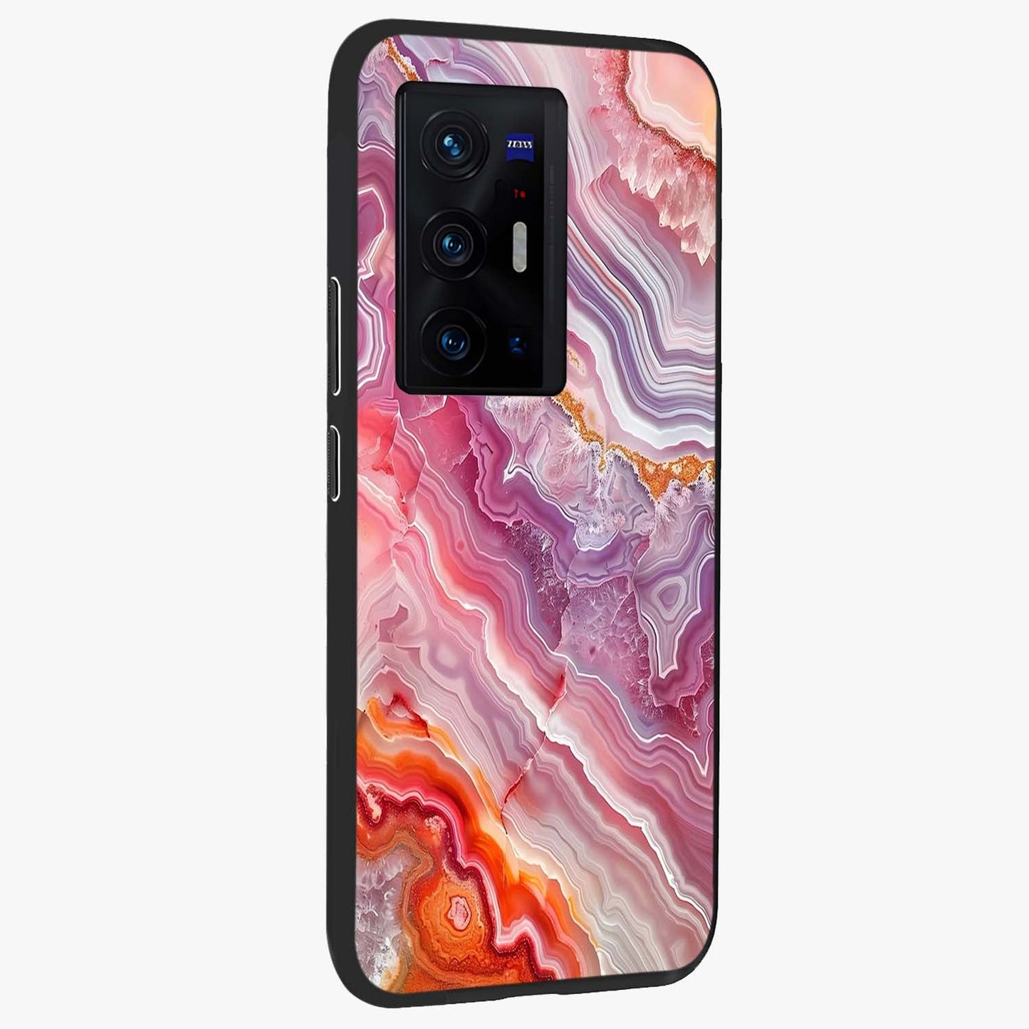 Rose Quartz Marble Glass Case upright view showcasing decorative marble artwork with luxurious pastel theme.