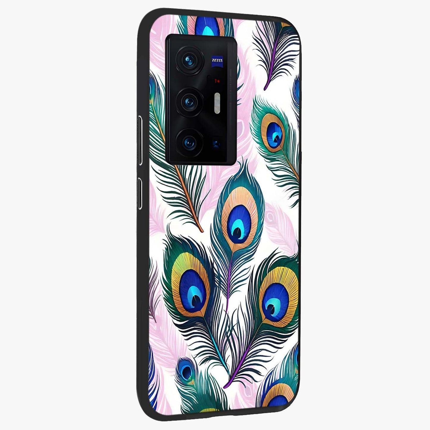 Royal Peacock Feathers Glass Case upright view showcasing elegant peacock feather artwork with decorative royal theme.