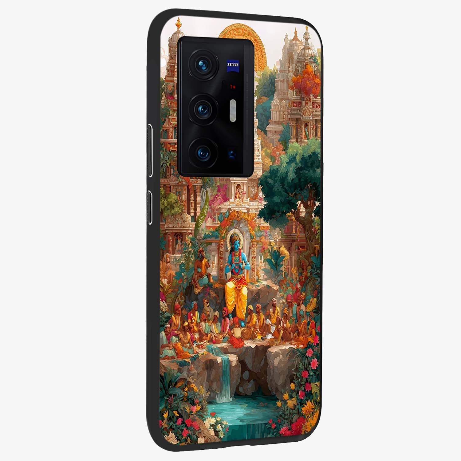 Sacred Sunlight Gods Glass Case upright view showcasing glowing divine artwork with sacred mythological theme.