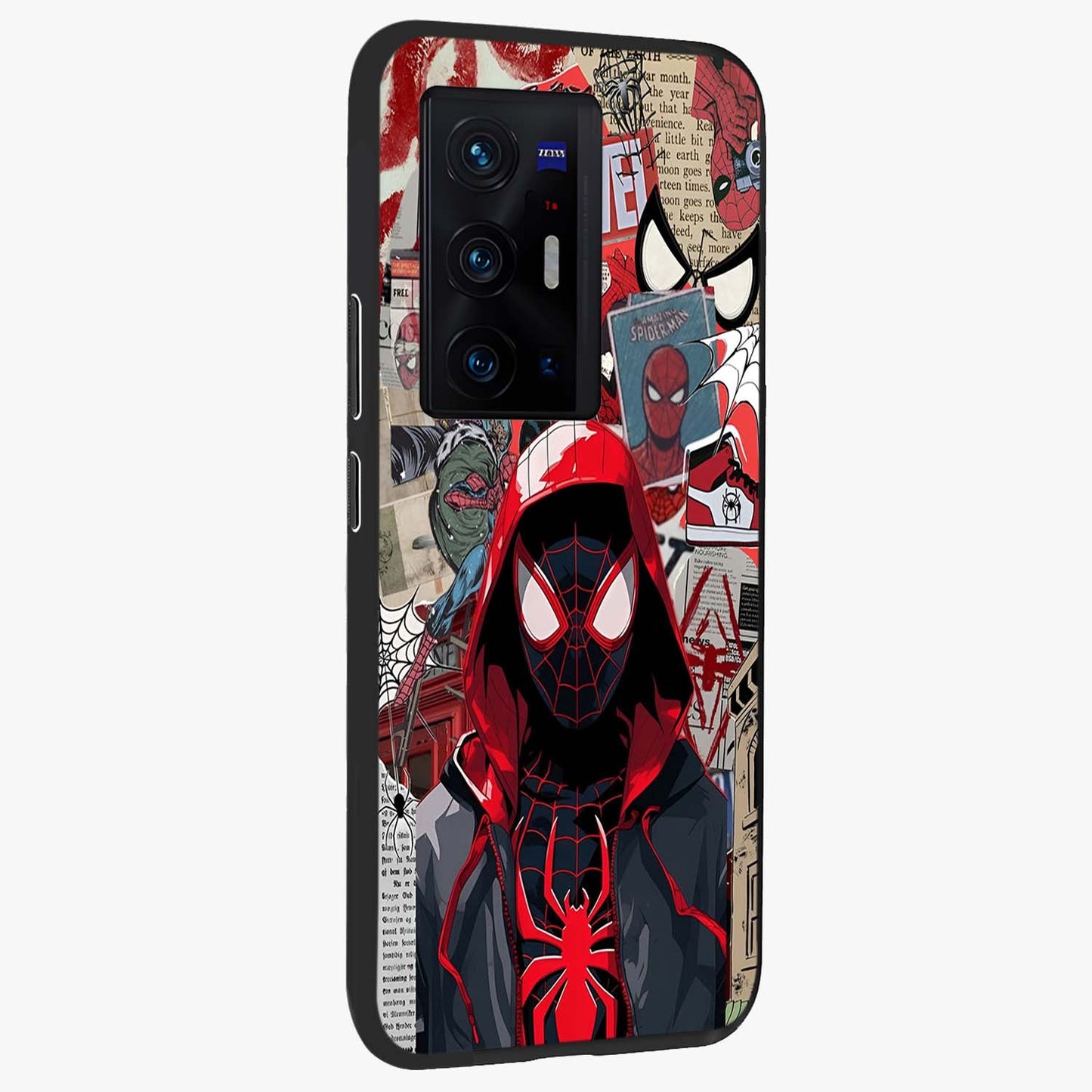 Spider Collage Street Glass Case upright view showcasing bold superhero artwork with urban street theme.