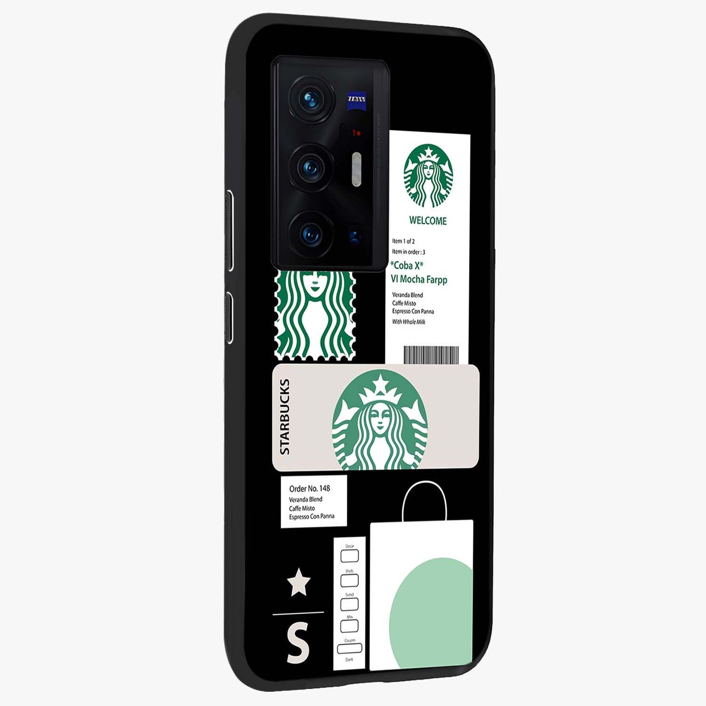 Starbucks Mocha Glass Case upright view showcasing trendy coffee inspired artwork with modern lifestyle theme.