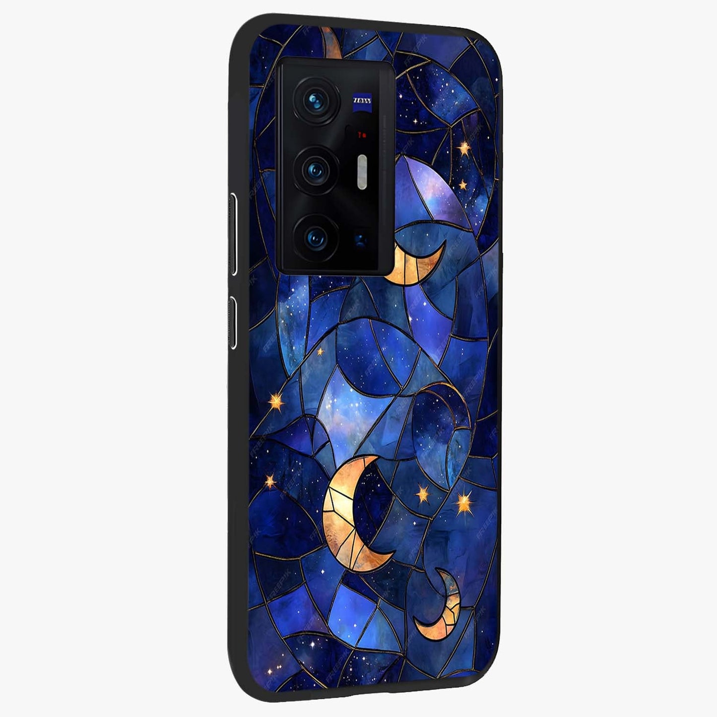 Starlit Sky Tapestry Glass Case upright view showcasing elegant starry sky artwork with cosmic decorative theme.
