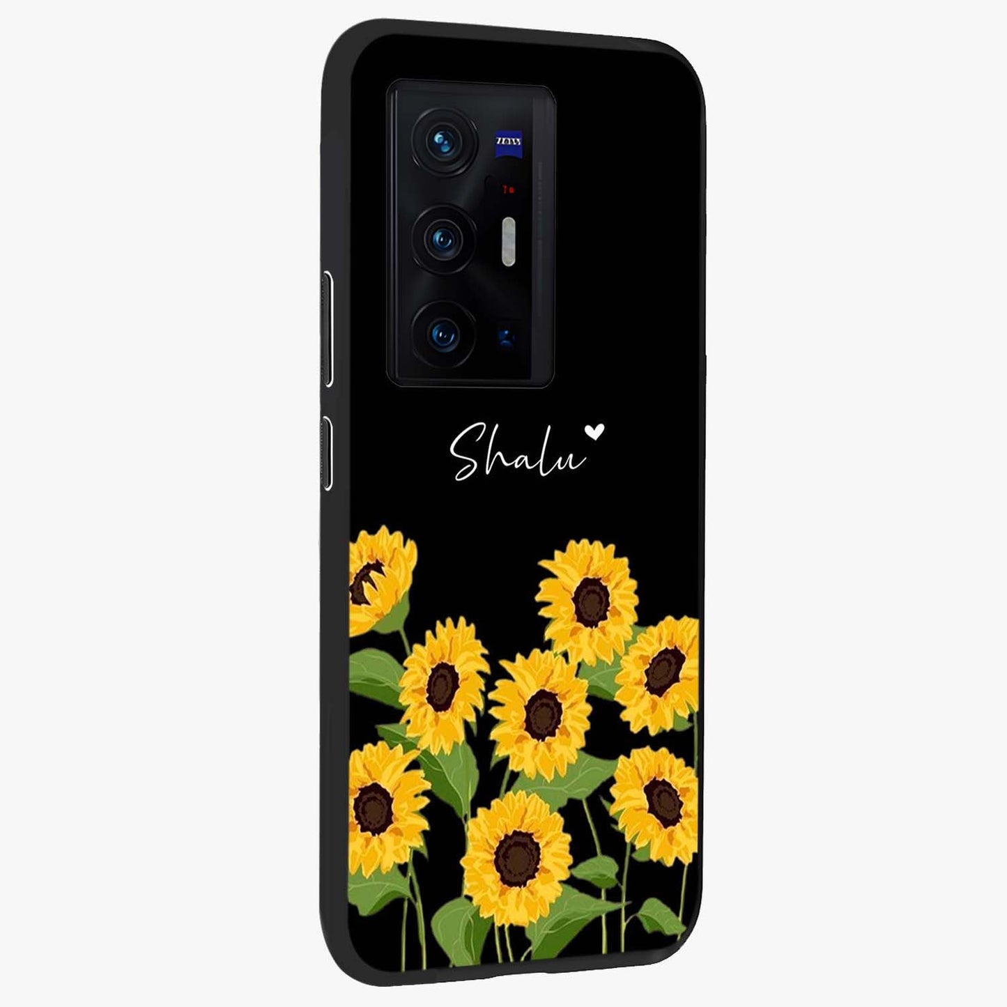 Sunflower Chic Mood Custom Name Glass Case upright view showcasing cheerful sunflower artwork with trendy floral theme.