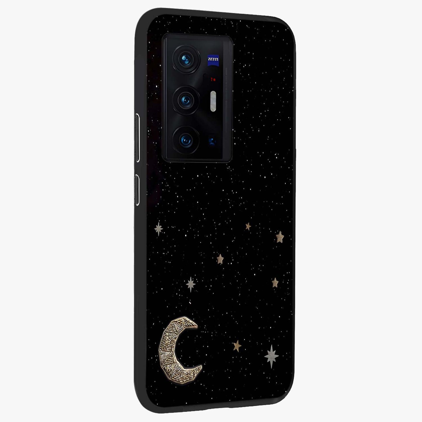 Twinkle Star With Half Moon Glass Case upright view showcasing glowing cosmic artwork with dreamy night theme.