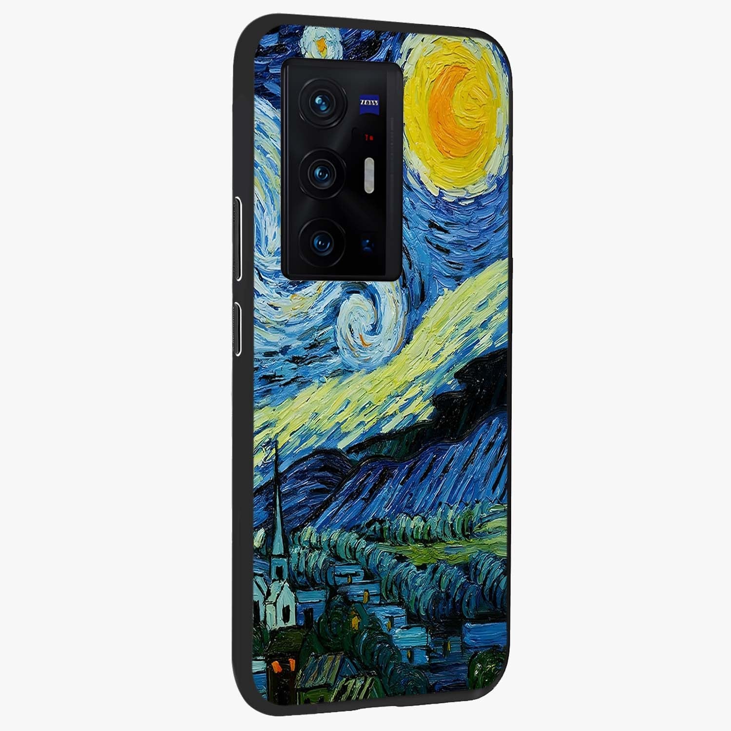 Van Gogh Art Glass Case upright view showcasing expressive painting style artwork with timeless artistic theme.
