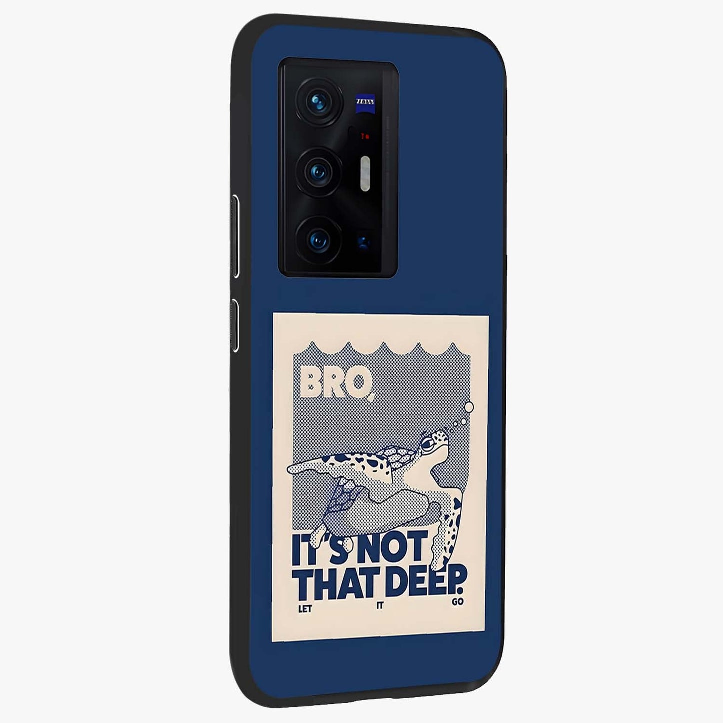 Worry Less Swim Glass Case upright view showcasing cheerful artistic artwork with carefree inspirational theme.