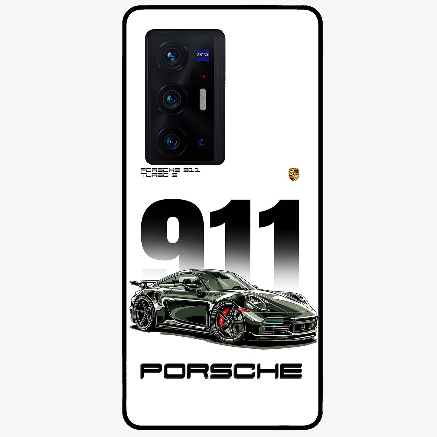 911 Turbo Dominance Glass Case showing clean flat back view with bold 911 sports car artwork and glossy glass finish.