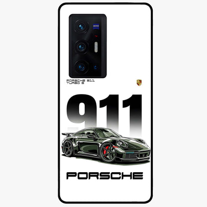 911 Turbo Dominance Glass Case showing clean flat back view with bold 911 sports car artwork and glossy glass finish.
