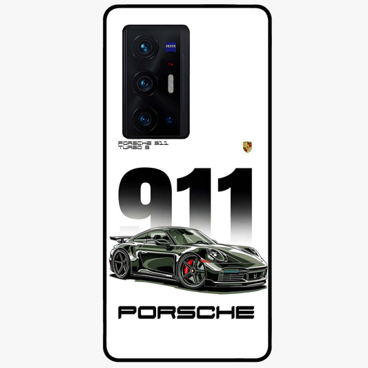 911 Turbo Dominance Glass Case showing clean flat back view with bold 911 sports car artwork and glossy glass finish.