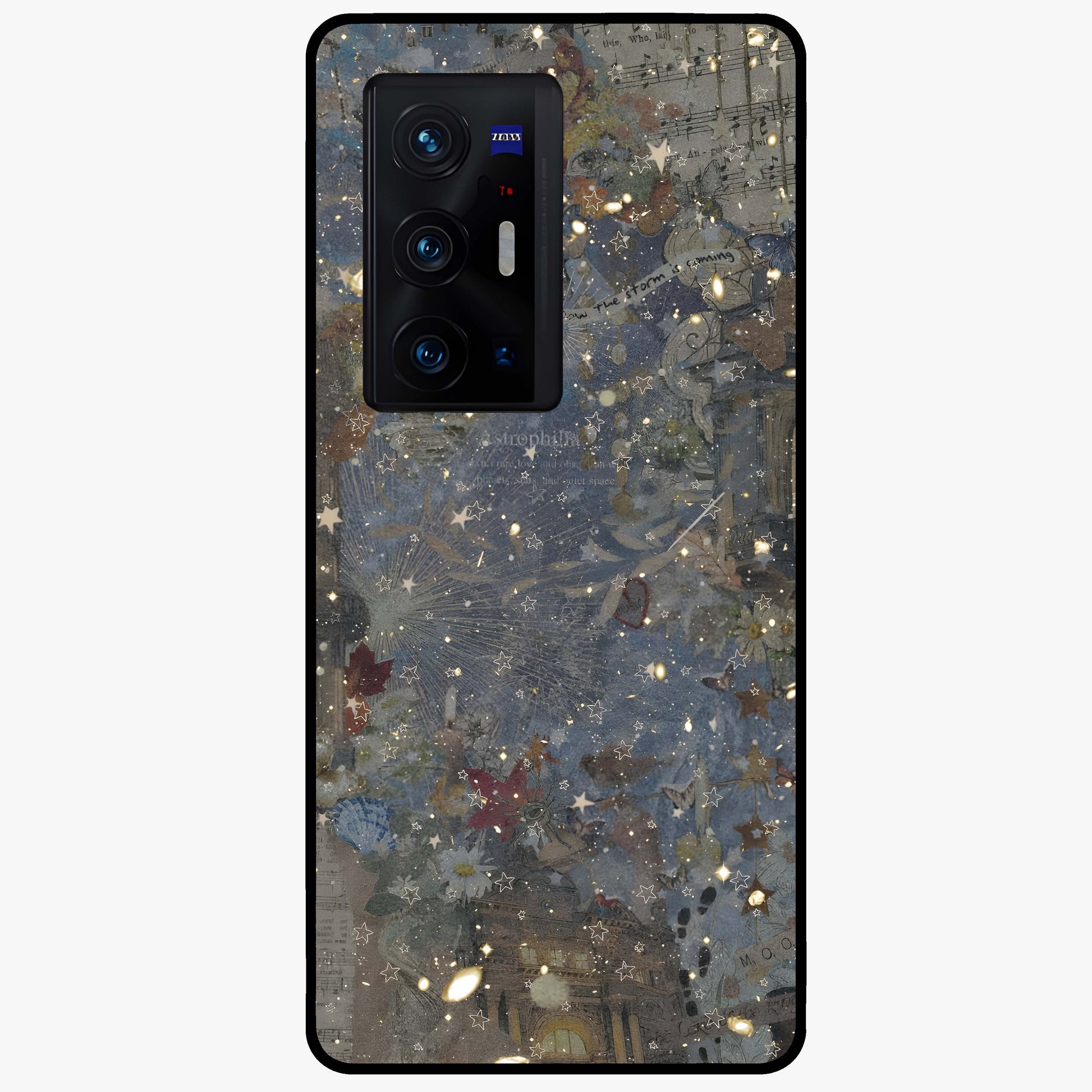 Aesthetic Astrolophia Glass Case showing flat back view with dreamy aesthetic design and glossy glass finish.