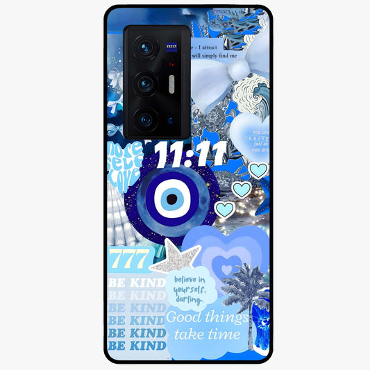 Aesthetic Be Kind Eye Glass Case showing flat back view with motivational eye artwork and glossy glass finish.