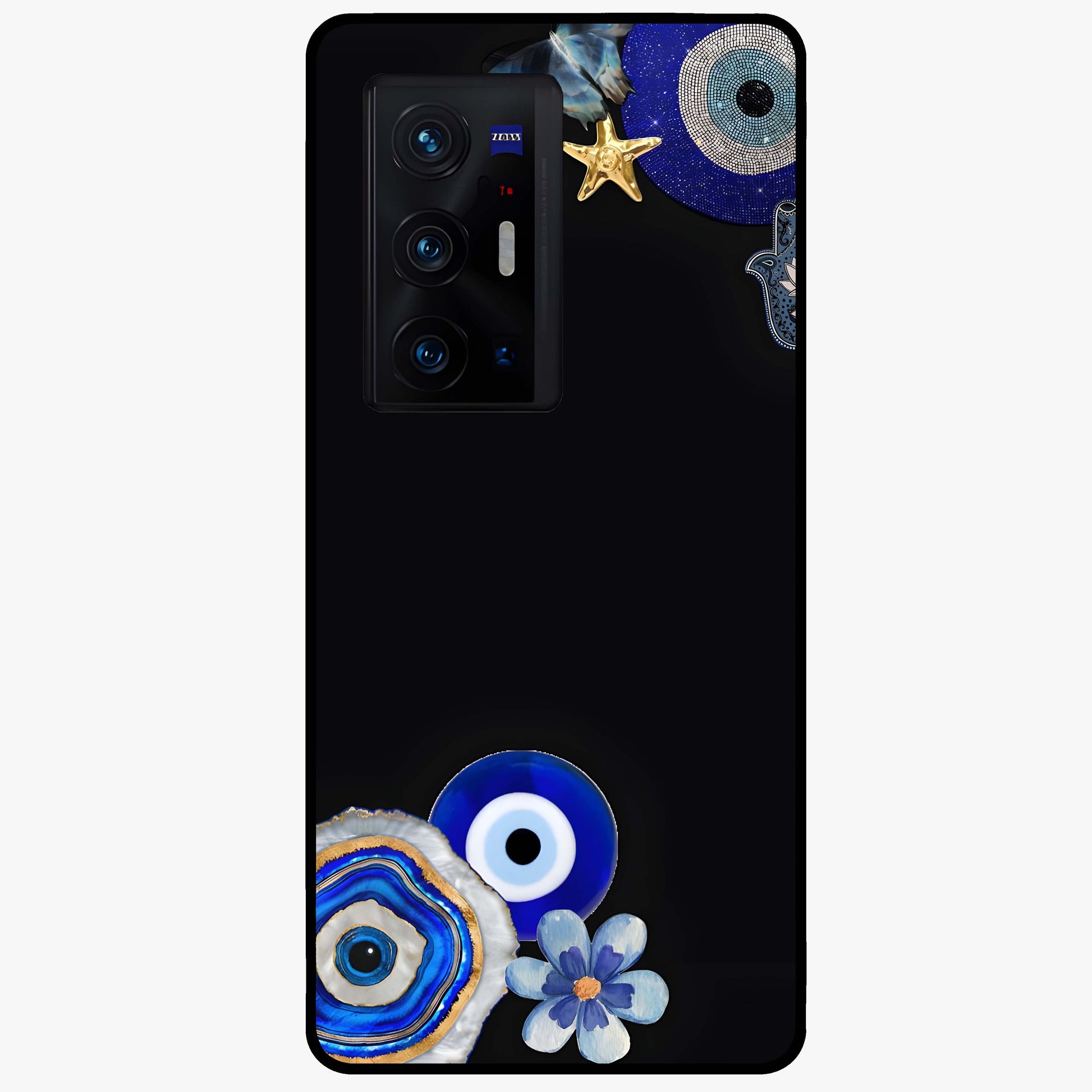 Aesthetic Blue Evil Eye Glass Case showing flat back view with protective evil eye artwork and glossy glass finish.