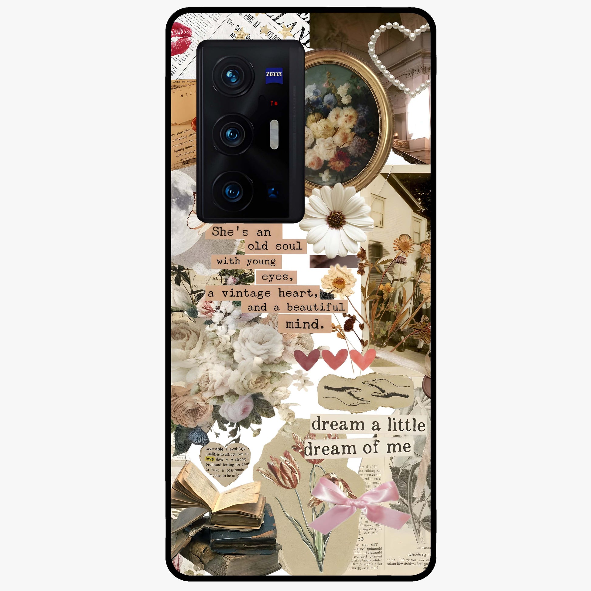 Aesthetic Brown Vintage Collage Glass Case showing flat back view with retro collage artwork and glossy glass finish.