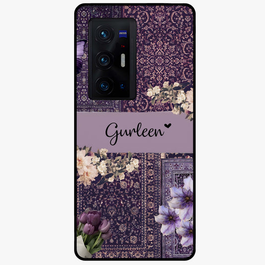 Antique Floral Whisper Custom Name Glass Case showing flat back view with vintage floral artwork and personalized name design.