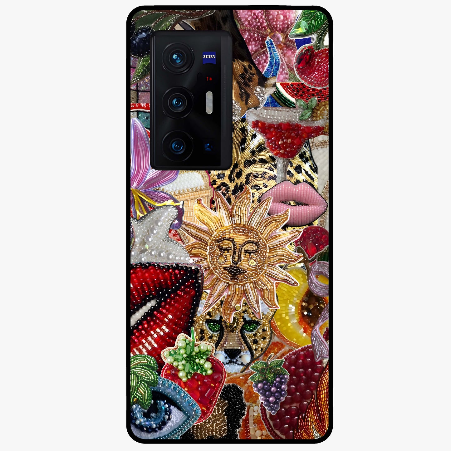 Beaded Fashion Jungle Glass Case showing flat back view with vibrant jungle inspired bead artwork and glossy glass finish.