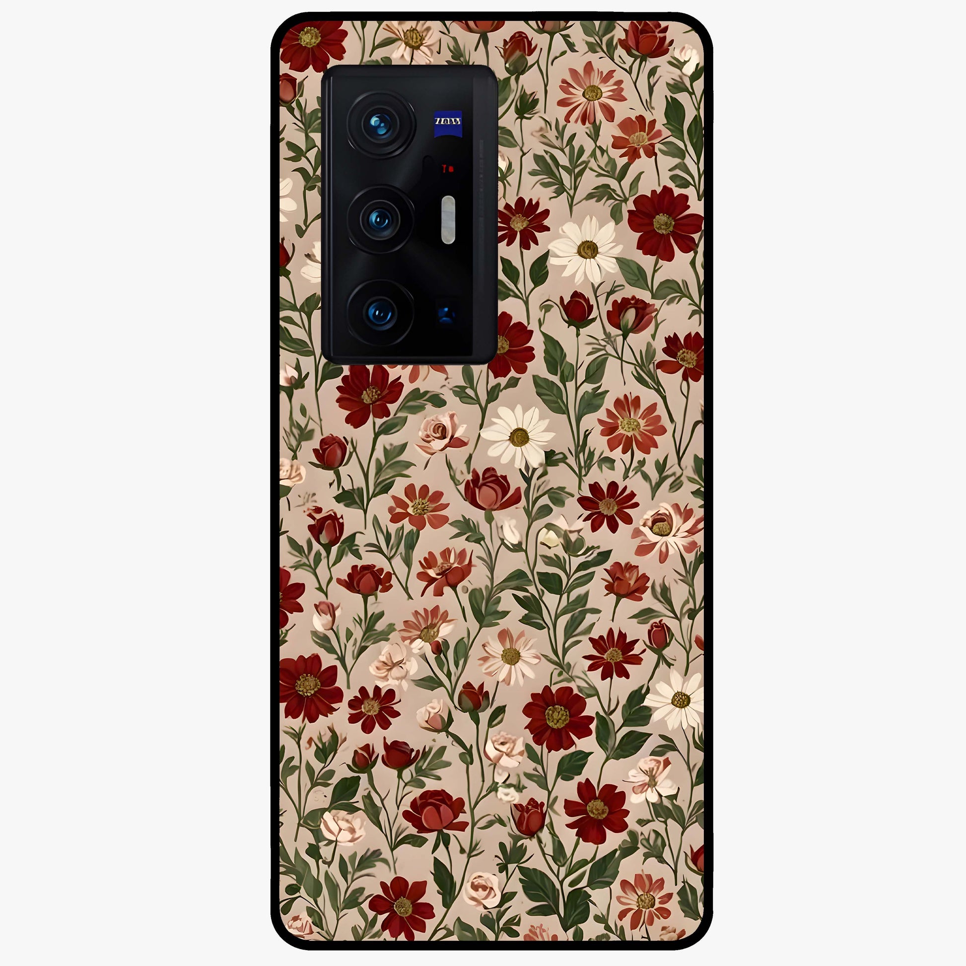 Biege Flower With Leaf Glass Case showing flat back view with soft beige floral artwork and glossy glass finish.