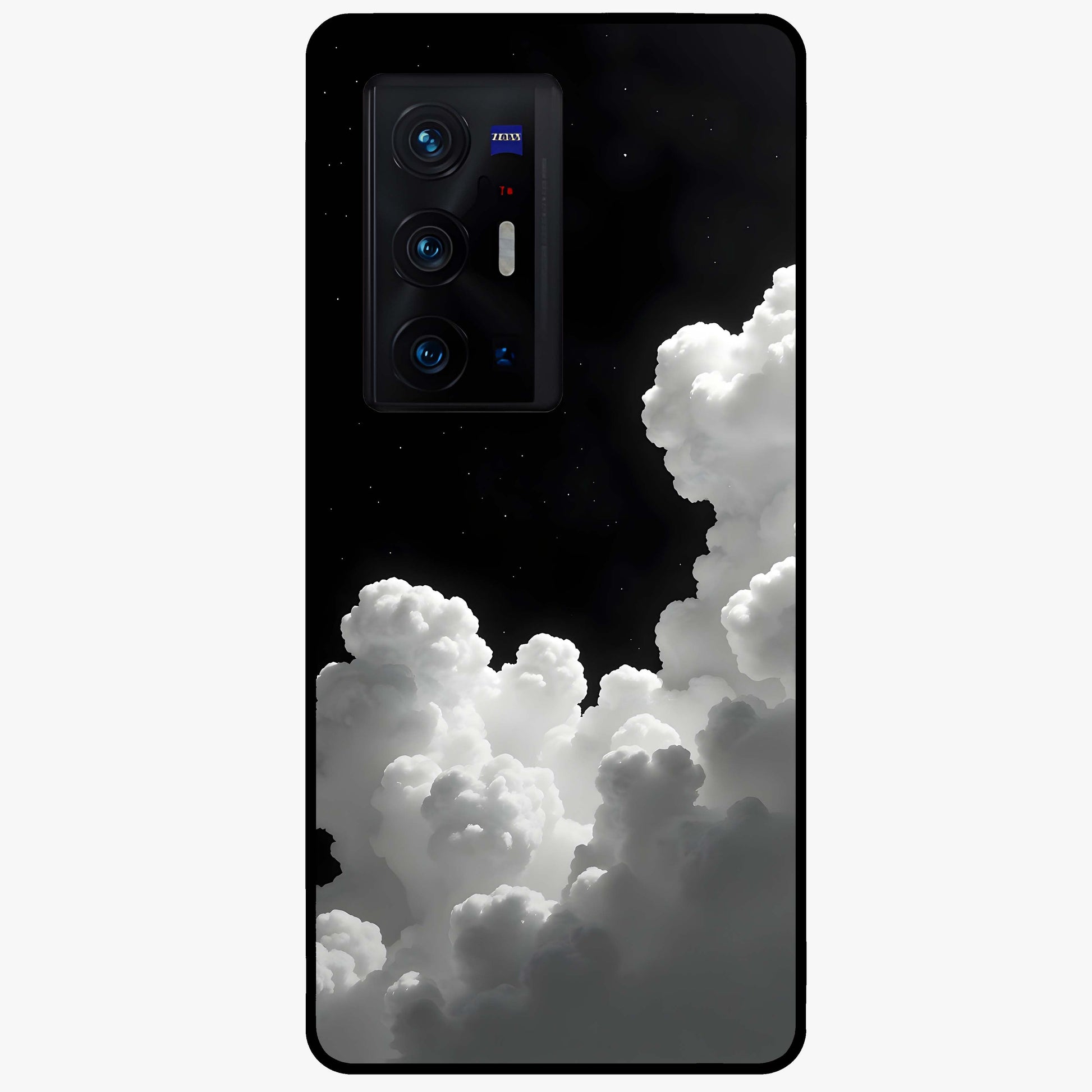 Black Background With White Cloud Glass Case showing flat back view with minimal cloud artwork on dark background and glossy glass finish.