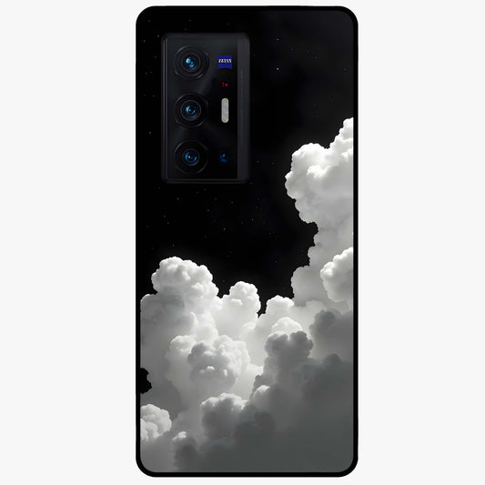 Black Background With White Cloud Glass Case showing flat back view with minimal cloud artwork on dark background and glossy glass finish.