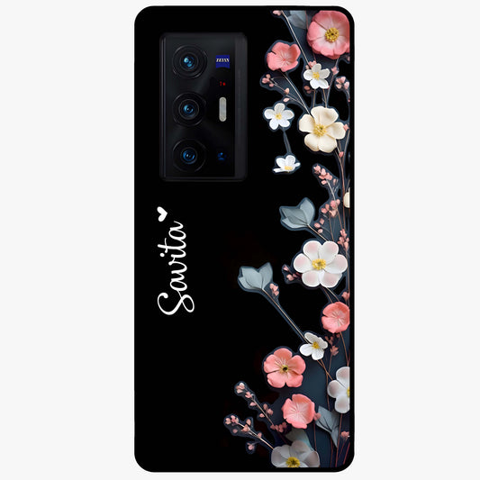 Black Elegance Floral Custom Name Glass Case showing flat back view with elegant floral artwork and personalized name design.