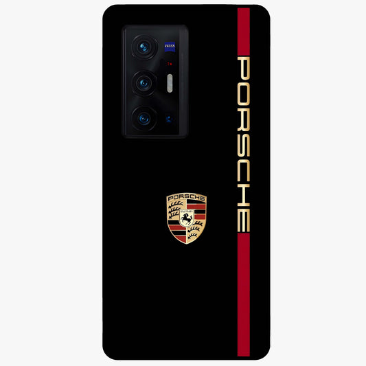 Black Minimal Porsche Glass Case showing flat back view with sleek minimal sports car artwork and glossy glass finish.