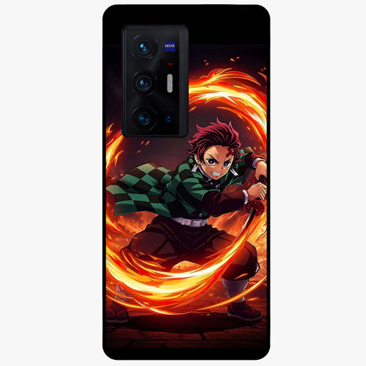 Blazing Sword Resolve Glass Case showing flat back view with fiery sword artwork and glossy glass finish.