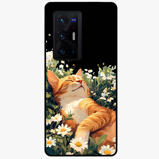 Blissful Bloom Cat Glass Case showing flat back view with cute cat and floral bloom artwork and glossy glass finish.