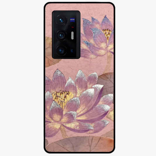 Blossom Mist Lotus Glass Case showing flat back view with serene lotus blossom artwork and glossy glass finish.