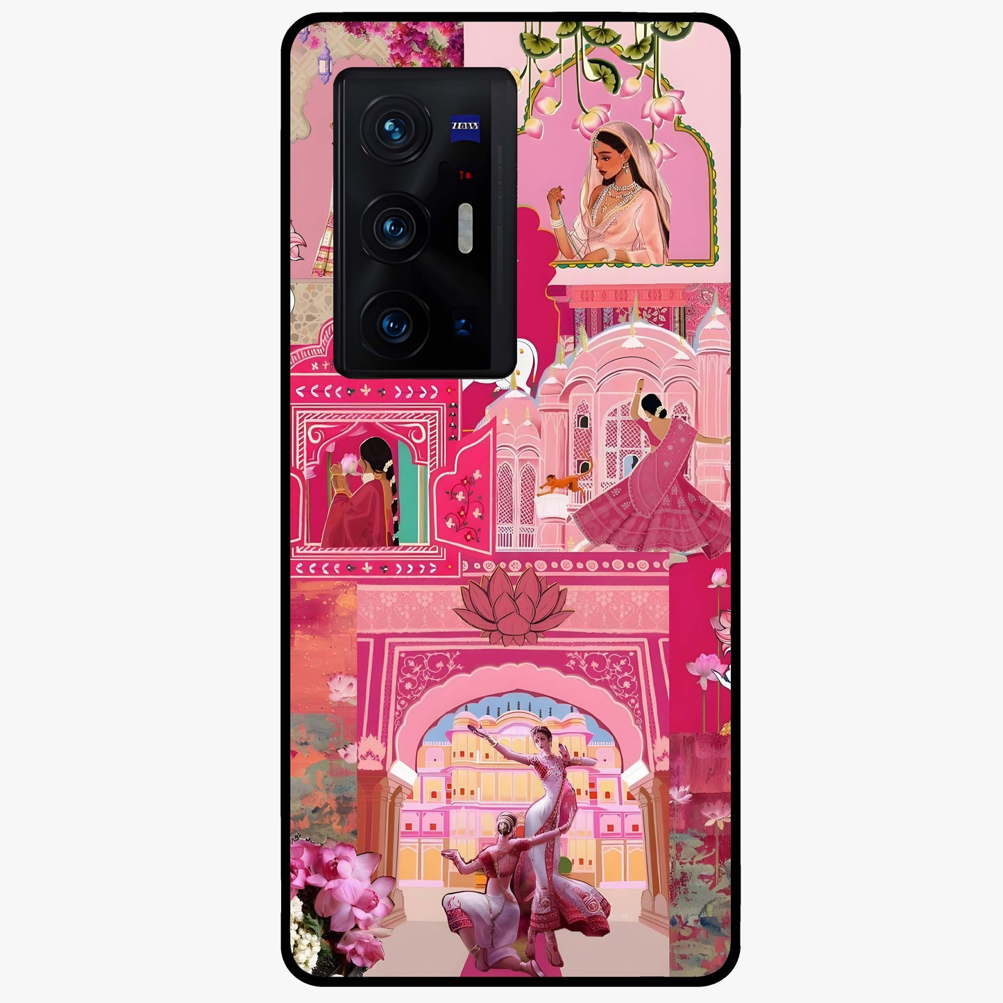Blossoms of Rajasthan Glass Case showing flat back view with traditional floral artwork inspired by Rajasthan and glossy glass finish.