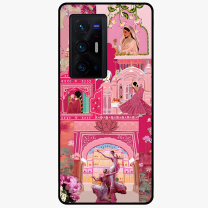 Blossoms of Rajasthan Glass Case showing flat back view with traditional floral artwork inspired by Rajasthan and glossy glass finish.