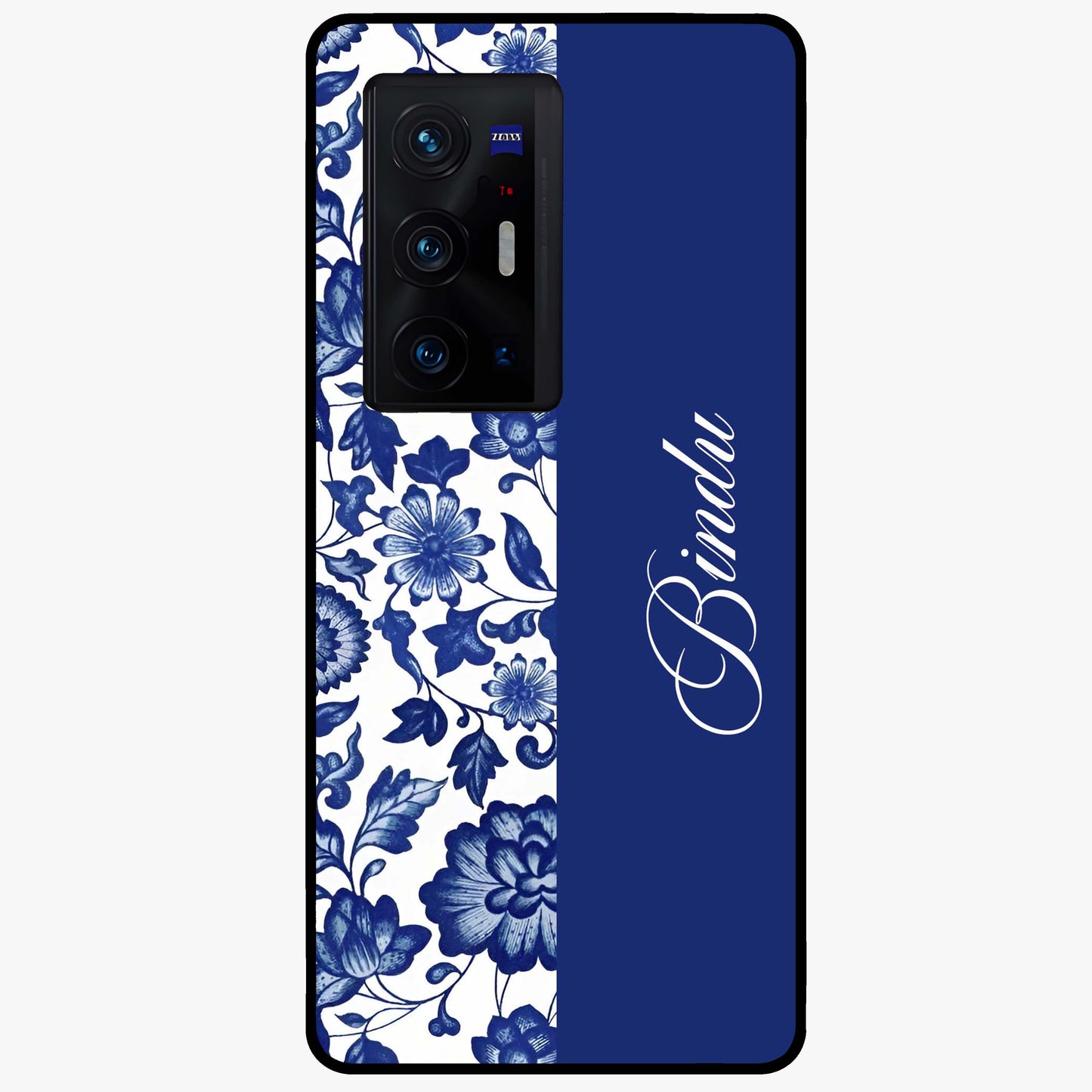 Blue Vintage Floral Pattern Glass Case upright view showcasing timeless floral illustration with vintage inspired style.