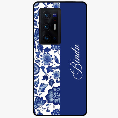 Blue Vintage Floral Pattern Glass Case upright view showcasing timeless floral illustration with vintage inspired style.