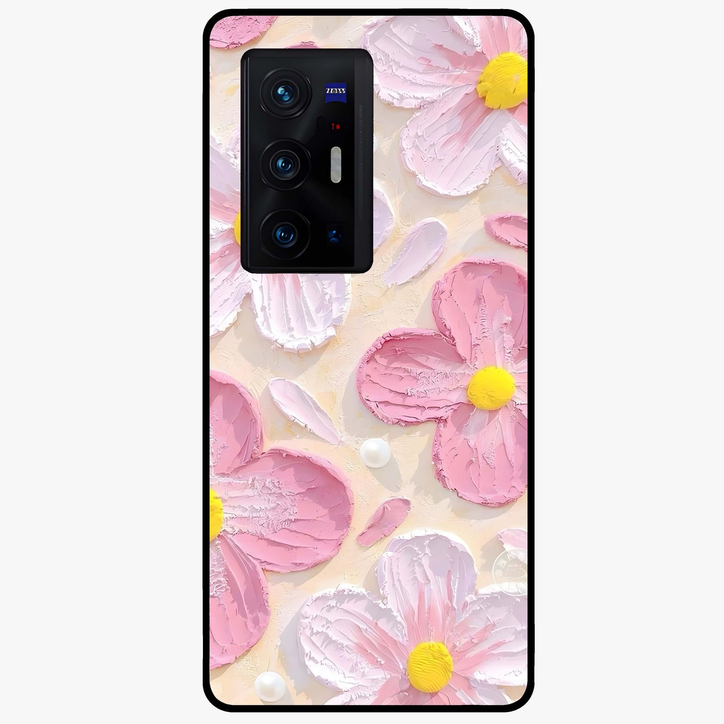 Blush Bloom Texture Glass Case showing flat back view with soft blush floral texture artwork and glossy glass finish.