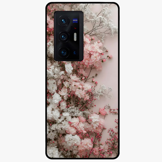 Blush Blossom Cloud Glass Case showing flat back view with dreamy blush cloud blossom artwork and glossy glass finish.