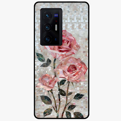 Blush Mosaic Bloom Glass Case showing flat back view with mosaic floral bloom artwork and glossy glass finish.