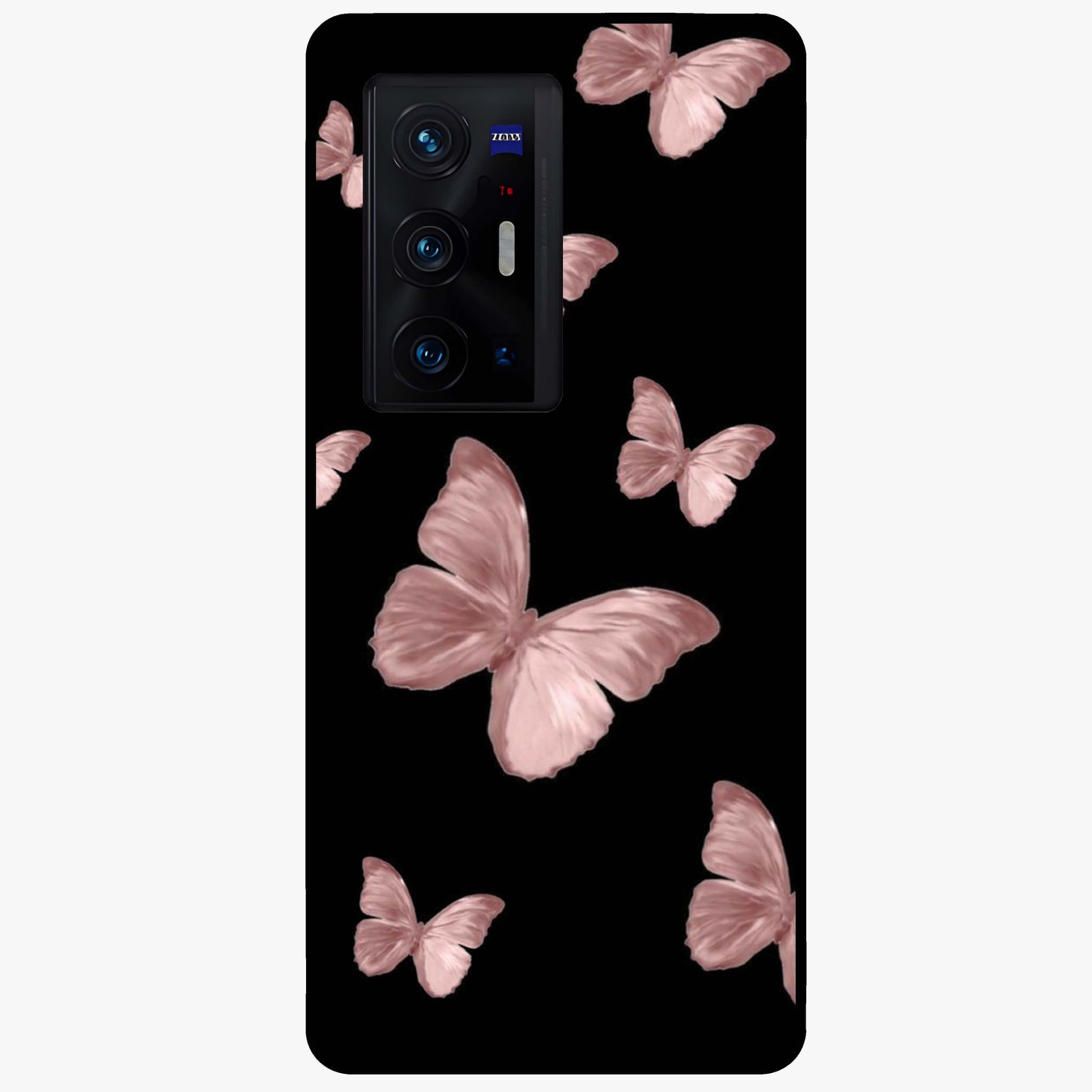Butterfly Pattern Glass Case showing flat back view with elegant butterfly pattern artwork and glossy glass finish.