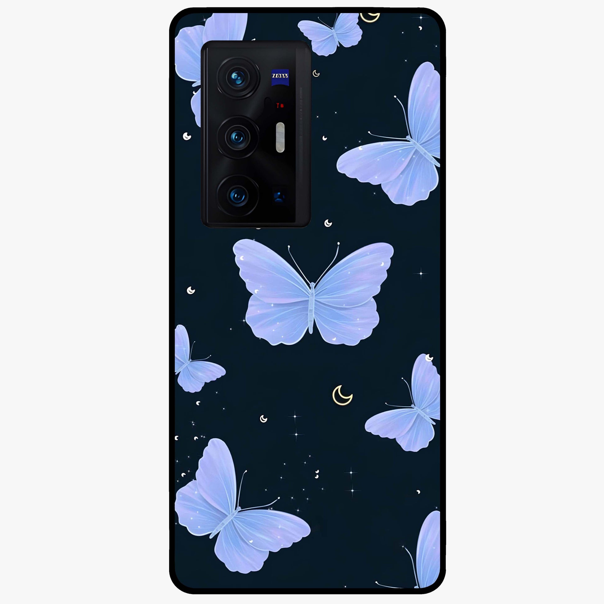 Butterfly With Stars Pattern Glass Case showing flat back view with butterfly and star pattern artwork and glossy glass finish.