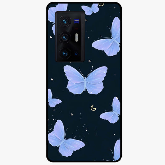 Butterfly With Stars Pattern Glass Case showing flat back view with butterfly and star pattern artwork and glossy glass finish.