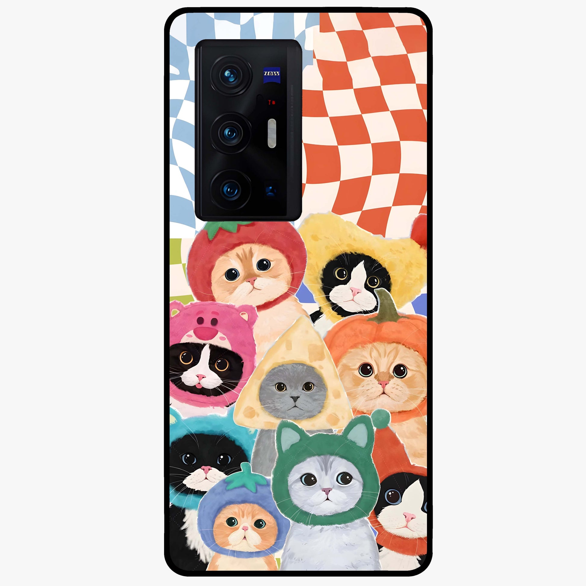 Cats in Fruits Glass Case showing flat back view with playful cat illustrations inside fruit artwork and glossy glass finish.