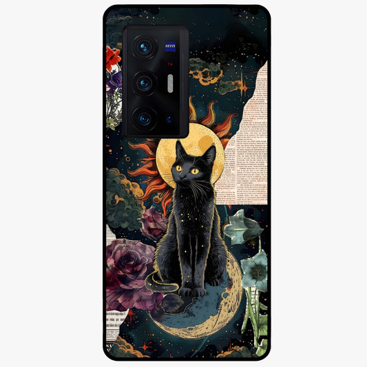 Celestial Black Cat Glass Case showing flat back view with mystical black cat artwork and glossy glass finish.
