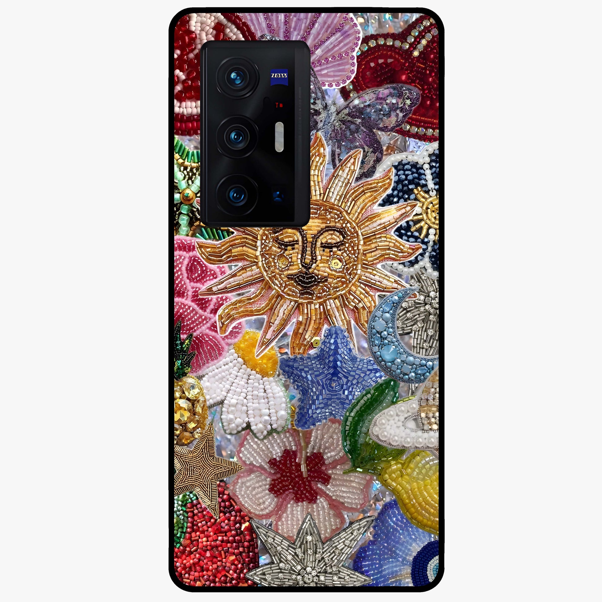Celestial Floral and Playful Glass Case showing flat back view with floral and celestial themed artwork and glossy glass finish.
