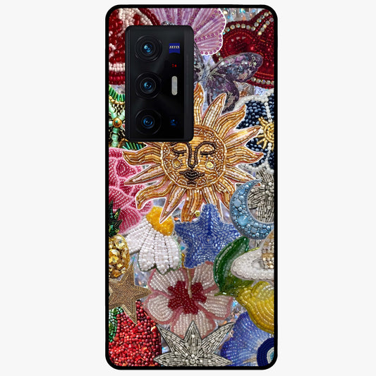 Celestial Floral and Playful Glass Case showing flat back view with floral and celestial themed artwork and glossy glass finish.