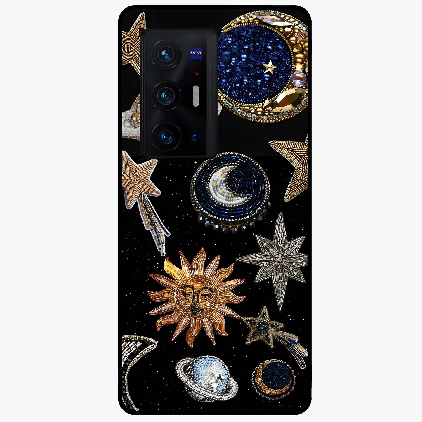 Celestial Gem Constellations Glass Case showing flat back view with sparkling constellation artwork and glossy glass finish.