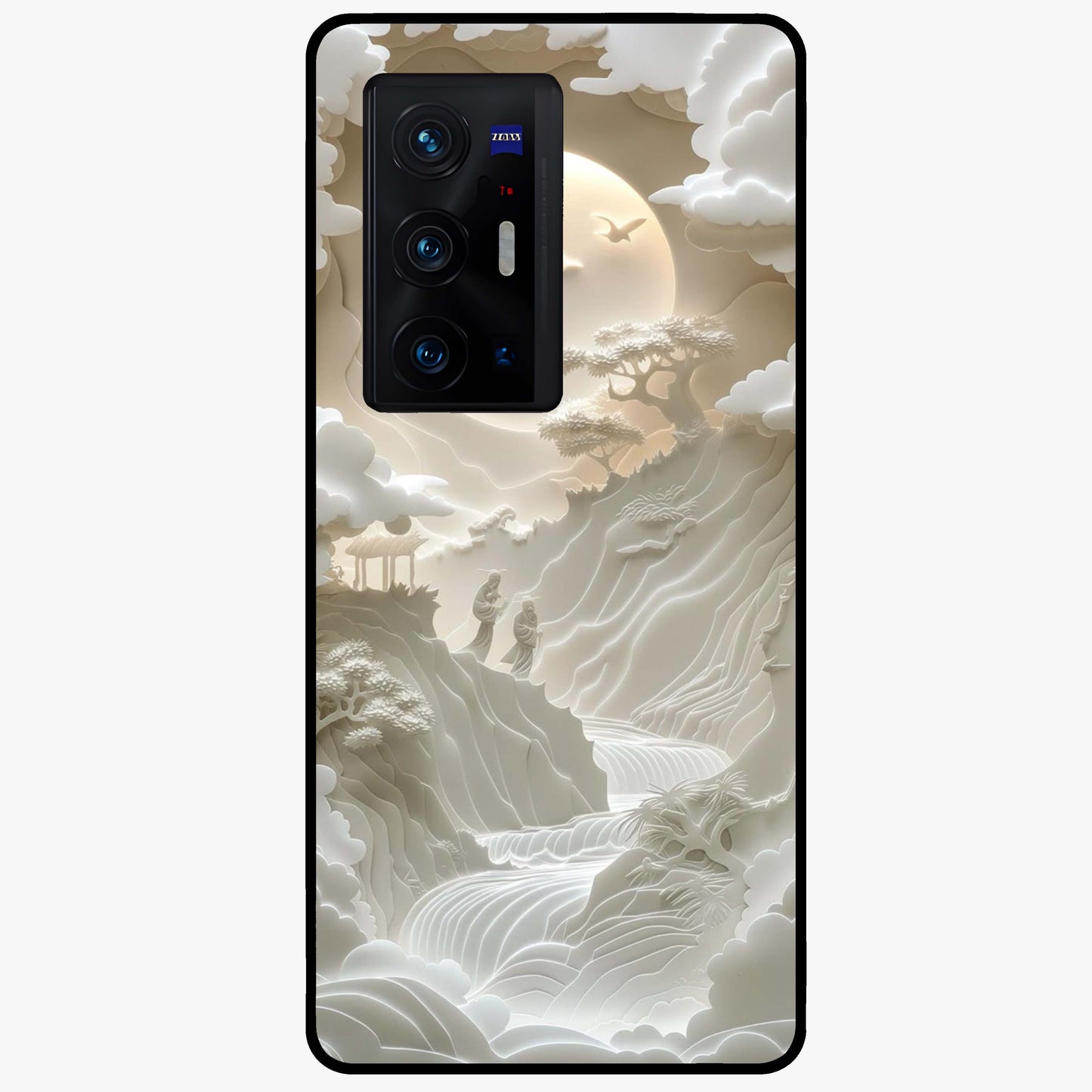 Celestial Origami Glass Case showing flat back view with artistic origami inspired celestial artwork and glossy glass finish.