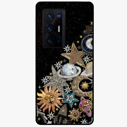 Cosmic Sparkle Dreams Glass Case showing flat back view with sparkling cosmic artwork and glossy glass finish.