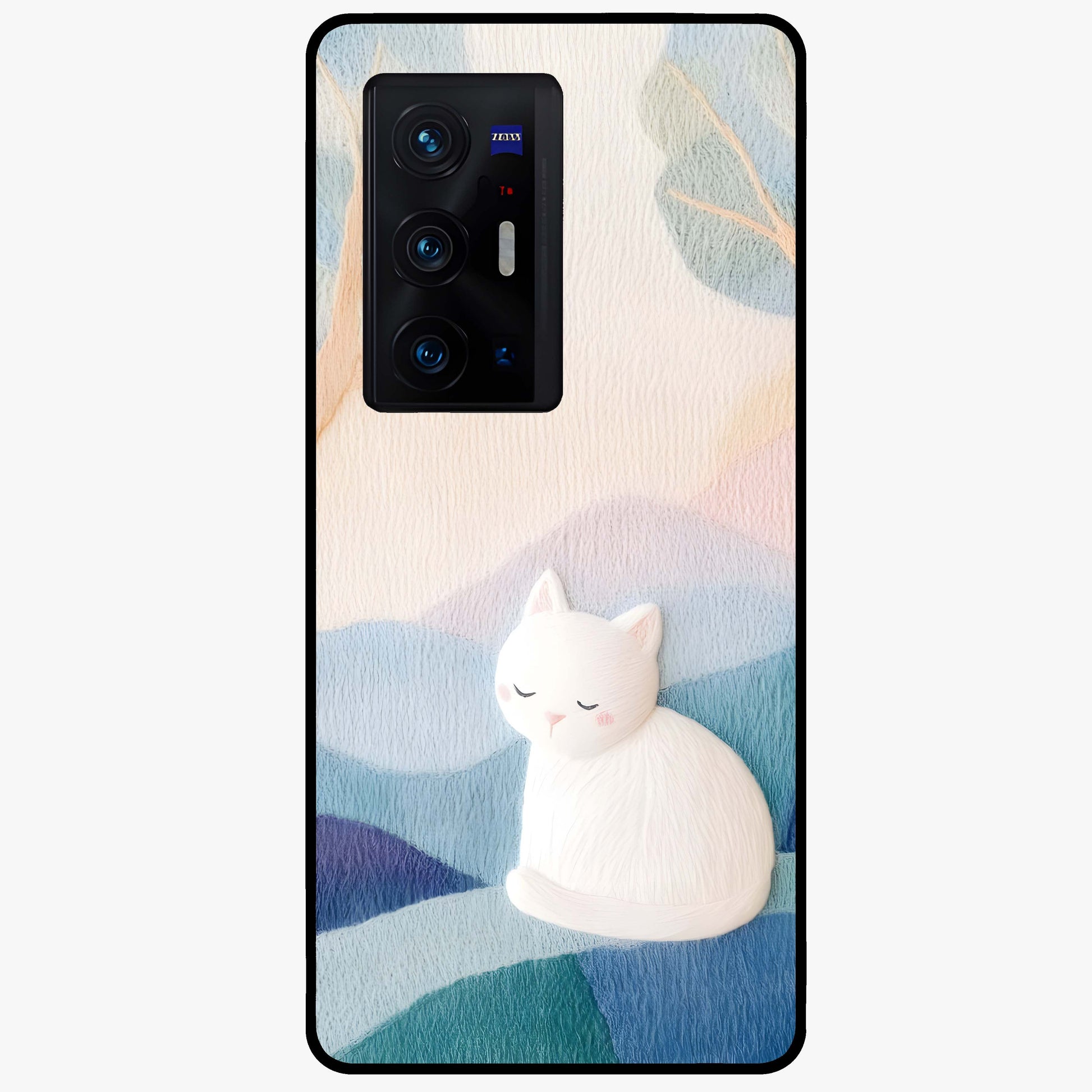 Cotton Dream Cat Glass Case showing flat back view with soft dreamy cat artwork and glossy glass finish.