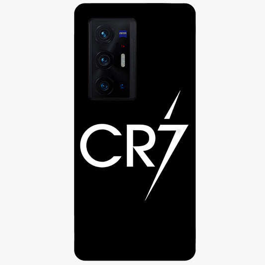Cr7 Elite Strike Glass Case showing flat back view with dynamic football inspired artwork and glossy glass finish.